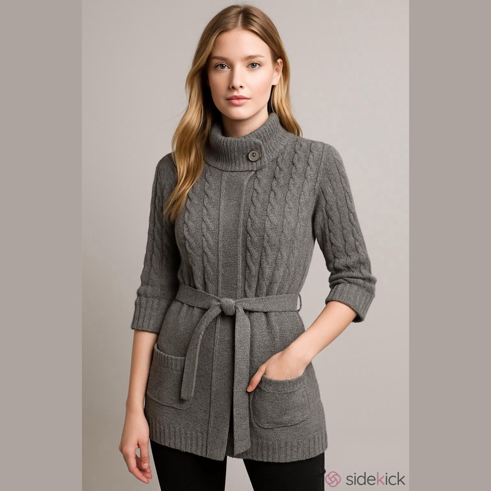 Merona Women's Medium Gray Chunky Knit Cozy Wool Blend Belted Button Up Cardigan - Picture 3 of 14